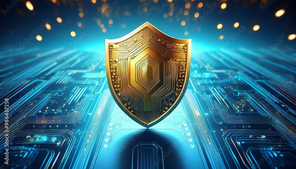 Poster a golden shield with a circuit board pattern inside sits on a blue circuit board with glowing lights