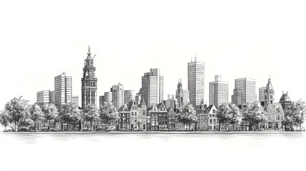 Fototapeta premium The Hague, Netherlands, black and white pen pencil hand-drawn effect drawing illustration for travel poster, card, wallpaper, backdrop or banner. Modern, clear, artistic and simple