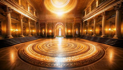 Obraz premium A grand hall with a glowing circular pattern on the floor, bathed in warm light from above. The image suggests a place of power and mystery.