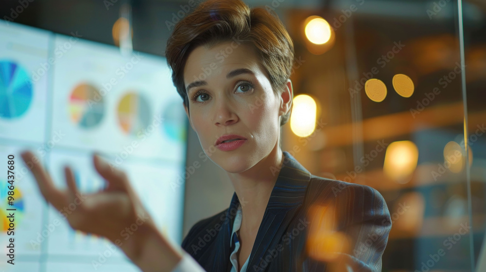 Poster professional woman in business setting is engaged in discussion, gesturing while presenting data on screen. Her expression conveys confidence and focus, highlighting her role in corporate