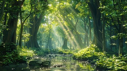 A pristine forest with towering trees and a clear stream running through, sunlight filtering through the canopy and illuminating the lush greenery