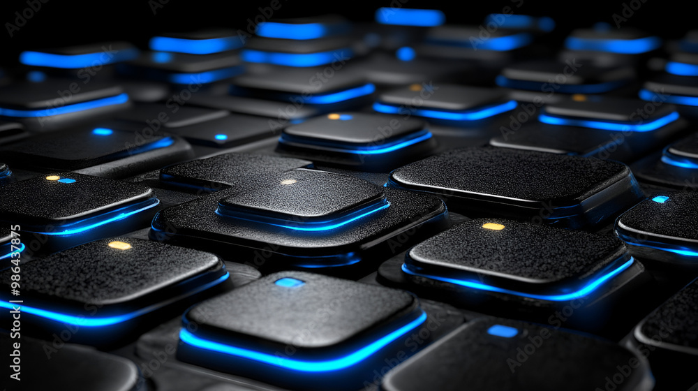 Poster illuminated keyboard keys with blue backlighting visible in a dark environment showcasing modern tec