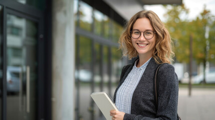 Smiling woman with glasses holding notebook, standing outside modern building. She exudes confidence and positivity, ready for her day ahead