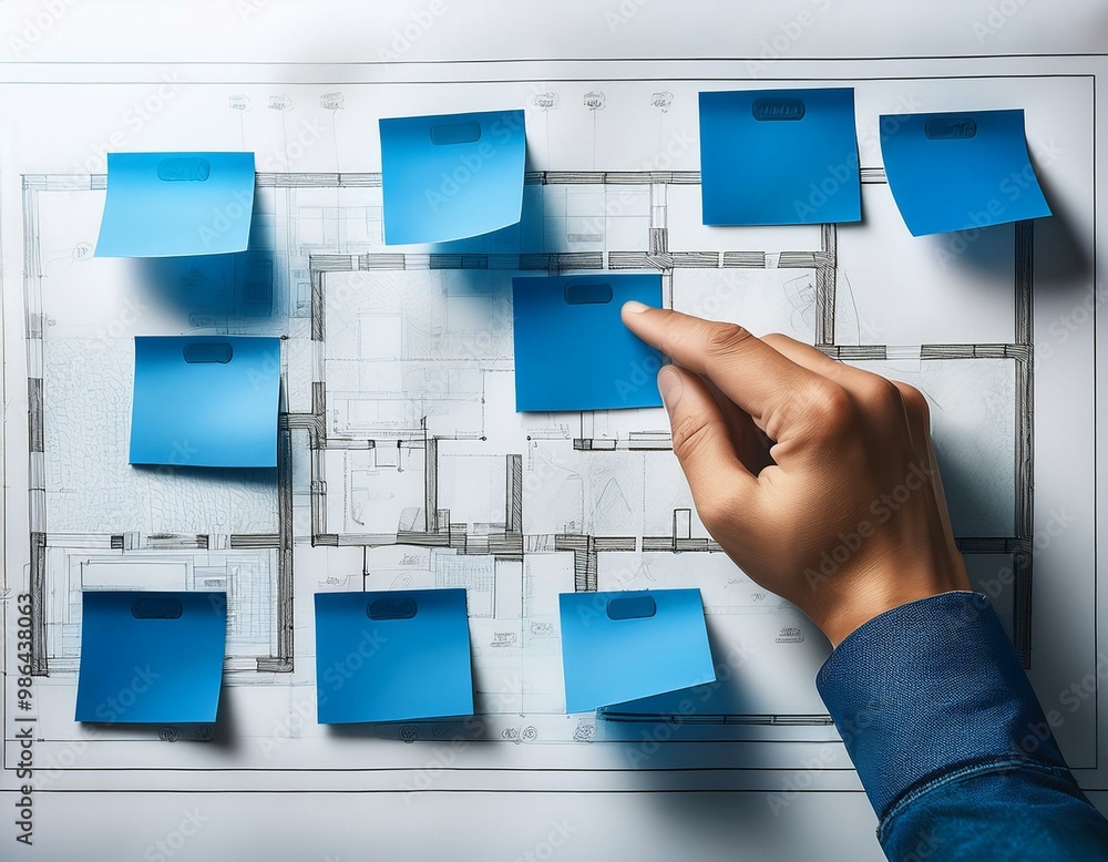 Poster a hand points to a blueprint with blue sticky notes highlighting key areas. the image depicts a proc