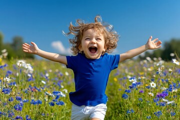 A child running through a field of wildflowers, arms wide open and hair blowing in the wind