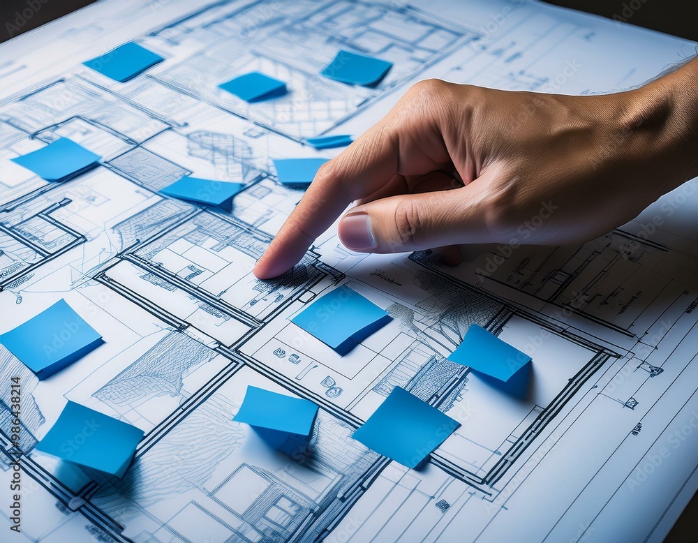 Poster a hand points to a blueprint with blue sticky notes highlighting key areas. the image depicts a proc