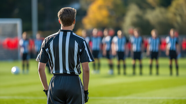 Soccer referee stands on the field, watching a line of players in the distance, preparing for a game, with focus on his striped uniform.