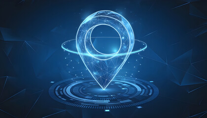 Abstract location pin. Digital gps light icon. Low poly wireframe vector illustration in futuristic hologram style on blue technology background. Travel and tourism locate concept with 3D effect. High