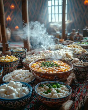 A close-up of a traditional Tsagaan Sar feast table filled with dairy products, white foods and a centerpiece of steaming khorkhog (a Mongolian lamb dish).