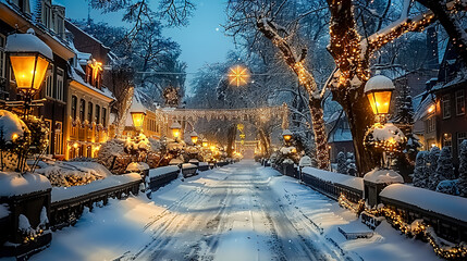 Winter landscape with snow covered trees and street lamps