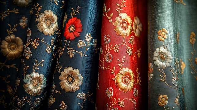 A highly detailed view of a traditional Mongolian deel robe with vibrant blue, red and gold embroidery.