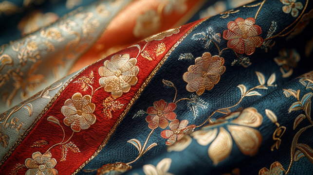 A highly detailed view of a traditional Mongolian deel robe with vibrant blue, red and gold embroidery.