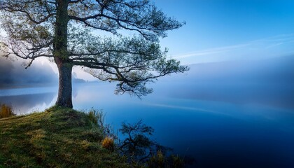 Fototapeta premium A lone tree stands by a misty lake, its branches reaching towards the sky. The water is a deep blue, reflecting the surrounding fog.