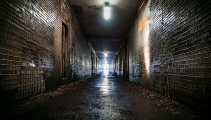 Fototapeta premium A long, dark hallway in an abandoned building, lit only by a single, flickering light at the end