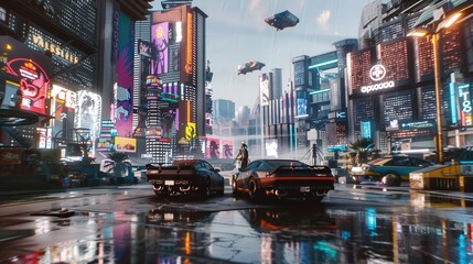 magazine of Describe a bustling cyberpunk cityscape where neon lights flicker amidst towering skyscrapers, and hovercars zoom through the crowded streets.