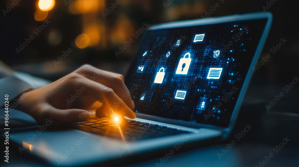 Poster businessman managing facility resources on laptop with virtual security icons, facility and building