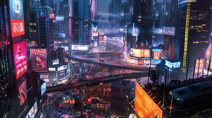 magazine of Describe a bustling cyberpunk cityscape where neon lights flicker amidst towering skyscrapers, and hovercars zoom through the crowded streets.