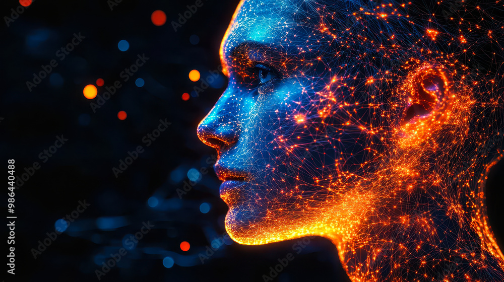 Poster human side profile with glowing neon network nodes and pathways, illuminated face, artificial intell
