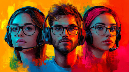 Obraz premium Dynamic Call Center Team Portrait with Vibrant Colors and Headsets, Customer Service Representatives Focused on Communication, Abstract Artistic Background