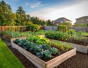 A lush vegetable garden with raised beds in a backyard setting.