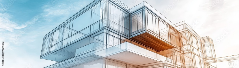 Poster modern architecture sketch wireframe building design glass facade construction blueprint building de