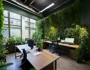 Fototapeta premium A lush, overgrown office space with vines and plants covering the walls and desks.
