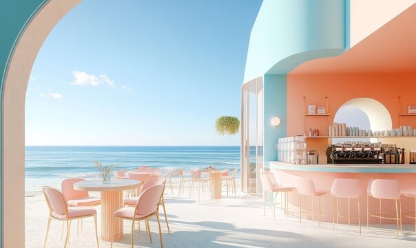 Beachfront cafe with pink chairs and sea view.
