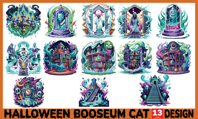 Fototapeta premium Halloween Booseum T-Shirt Design - Calligraphy Graphic Typography Element, Isolated on White Background, SVG Vector. Hand-Drawn Lettering Phrase, Perfect for Adobe Stock Designs