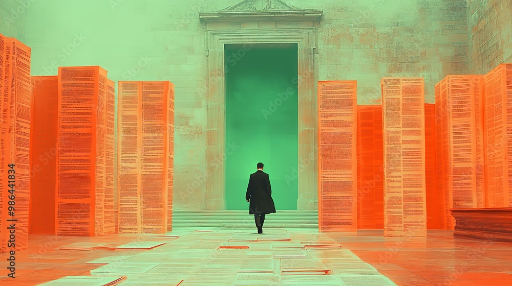 Poster human walls in an abstract environment with massive pages of text and information, trying to ring hi