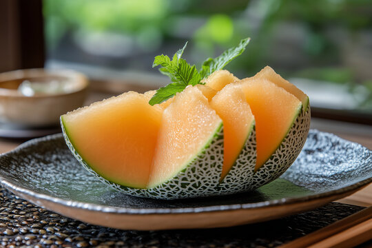 Yubari melon served on a beautiful platter