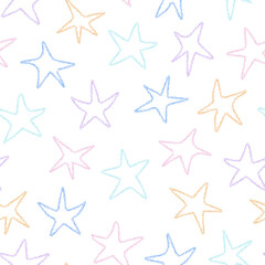 Obraz premium Colorful chalk drawn Stars Seamless Pattern. Cute Doodle stars Background. Freehand Sketch simple art. Child Drawing doodles. Pencil texture. Pattern for packaging wrapping paper scrapbook design