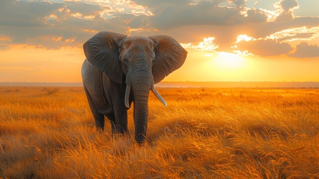 Majestic elephant spotted amidst golden grass sunset image