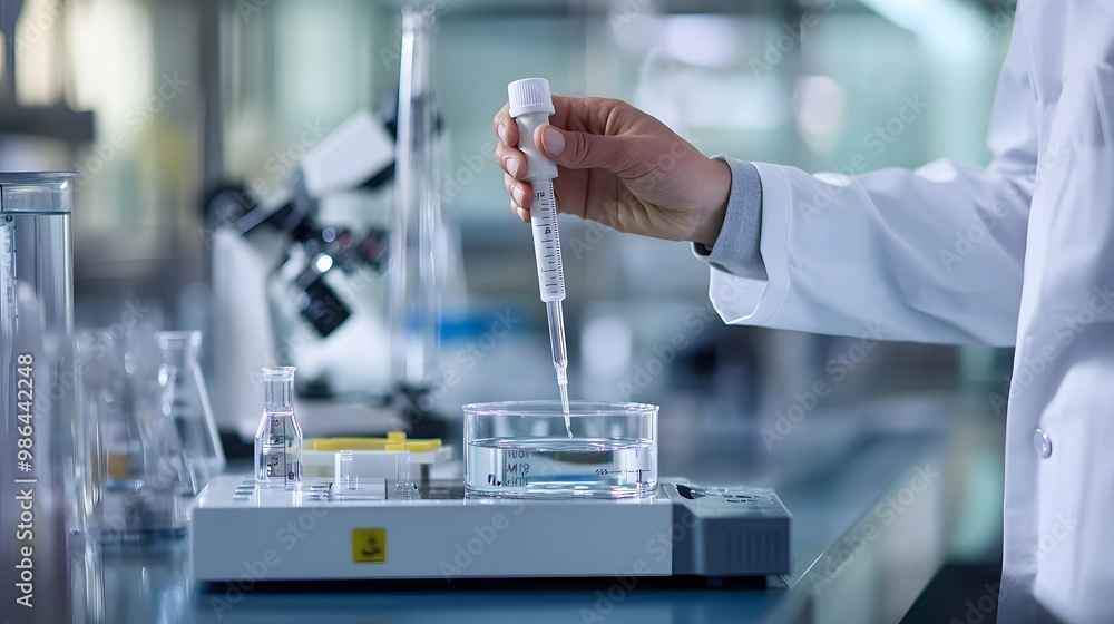 Poster scientist in a lab using a pipette to add liquid to a beaker