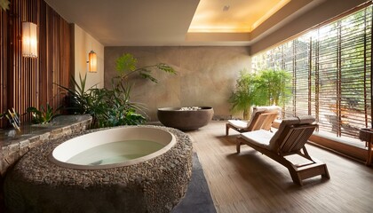 A luxurious spa room with a stone bathtub, plush loungers, and natural light.