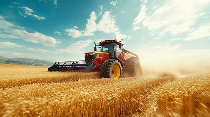 Fototapeta premium Tractor is working on rye field 