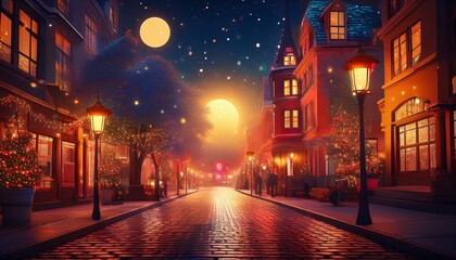 Fototapeta premium A magical city street at night, illuminated by twinkling lights and a bright, glowing sun. The air is filled with festive energy.