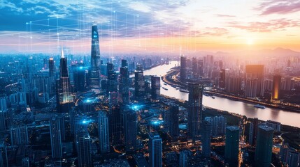 Fototapeta premium Futuristic Cityscape with Network Connections at Sunset