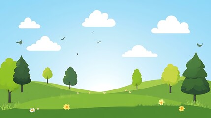 Fototapeta premium Green Meadow Illustration with Trees and Clouds
