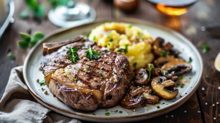 Grilled Steak with Mashed Potatoes and Mushrooms