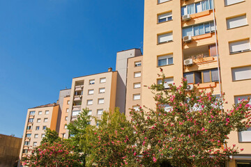 High rise residential apartment blocks in Nova Gorica, Slovenia. 1970s built socialist...