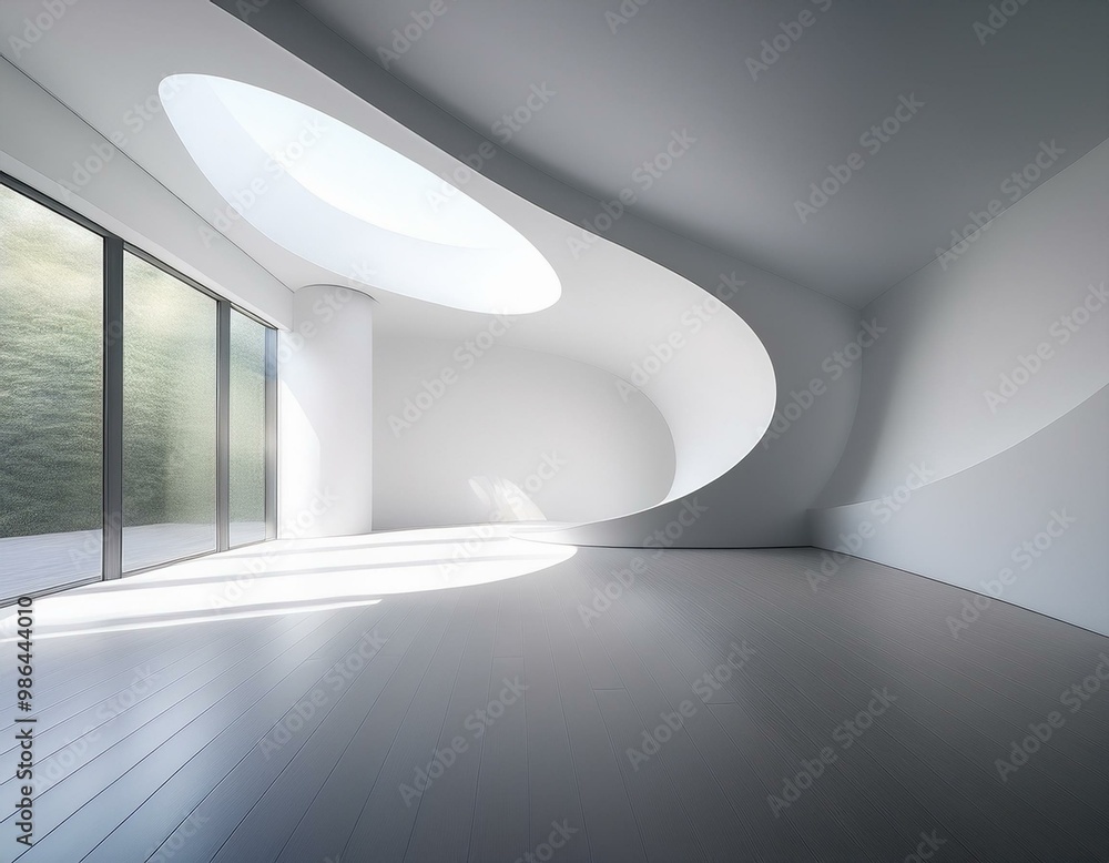 Poster a minimalist white interior with curved walls and a single light source. the space is clean and mode