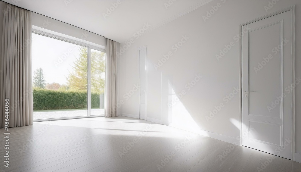 Poster a minimalist white room with a window and a door, perfect for showcasing products or displaying artw