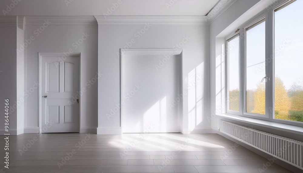 Poster a minimalist white room with a window and a door, perfect for showcasing products or displaying artw