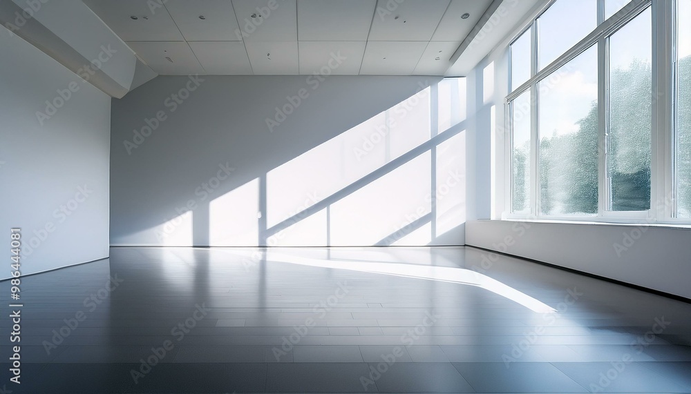 Poster a minimalist white room with large windows and a glossy floor. sunlight streams through the skylight