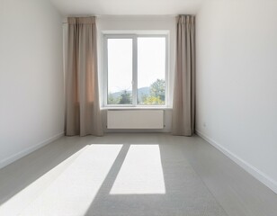 Fototapeta premium A minimalist white room with a single window, sunlight streams in, creating a bright and airy atmosphere.