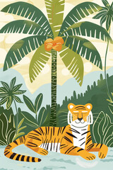 Naklejka premium Relaxed tiger resting under a palm tree in jungle