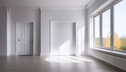 A minimalist white room with a window and a door, perfect for showcasing products or displaying artwork.