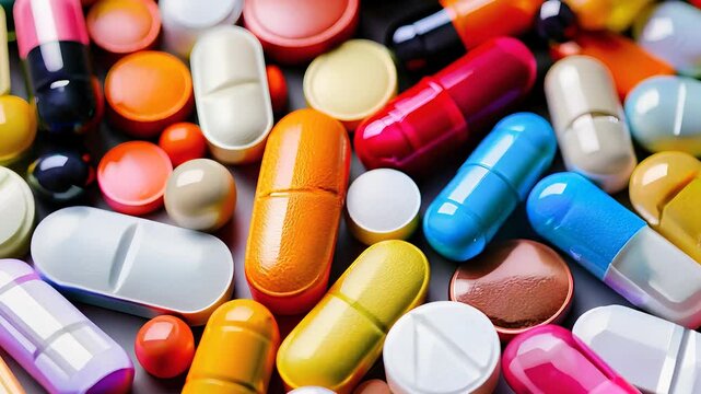  Close-up of colorful assorted pills and capsules representing pharmaceutical medicine healthcare and the concept of medical treatment