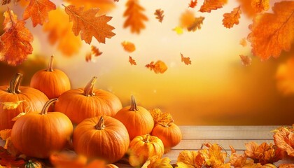 Naklejka premium Fall and Thanksgiving background with pumpkins fruits and falling leaves with orange color