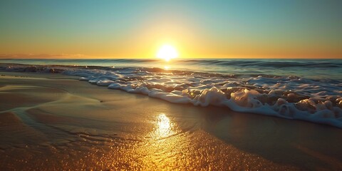 Fototapeta premium Golden Sunset Over Beach Waves